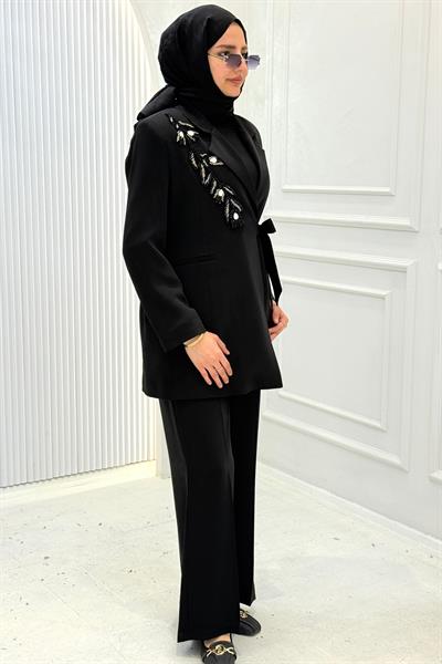 Orhan Store Taş İşlemeli Blazer Ceketli Tesettür Takım Siyah OTW2780