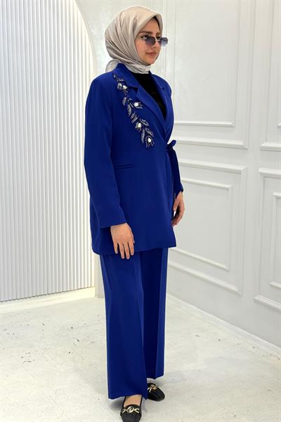 Orhan Store Taş İşlemeli Blazer Ceketli Tesettür Takım Saks OTW2780