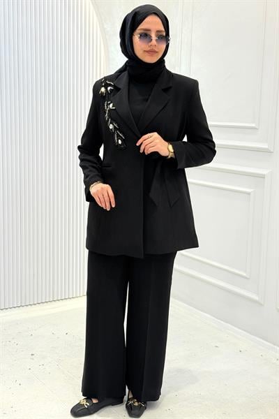 Orhan Store Taş İşlemeli Blazer Ceketli Tesettür Takım Siyah OTW2780