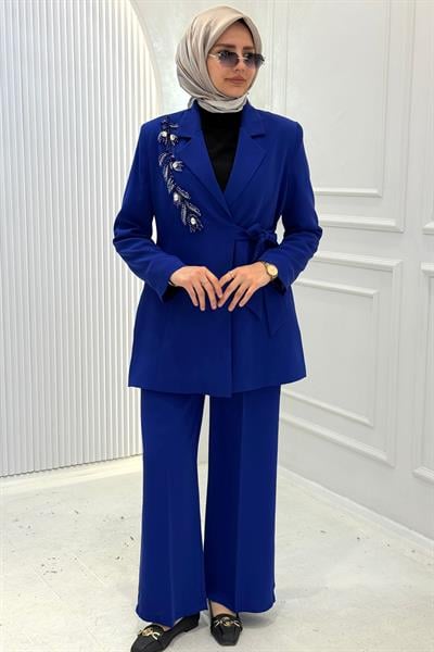 Orhan Store Taş İşlemeli Blazer Ceketli Tesettür Takım Saks OTW2780