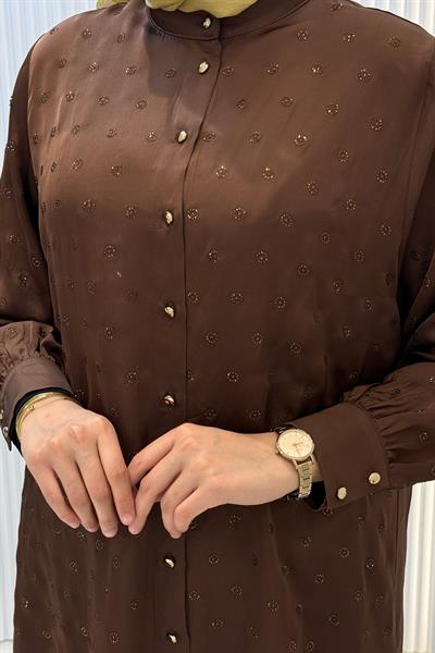 Orhan Store Taş İşlemeli Gömlek Pantolon Tesettür Takım Kahve OTW2910