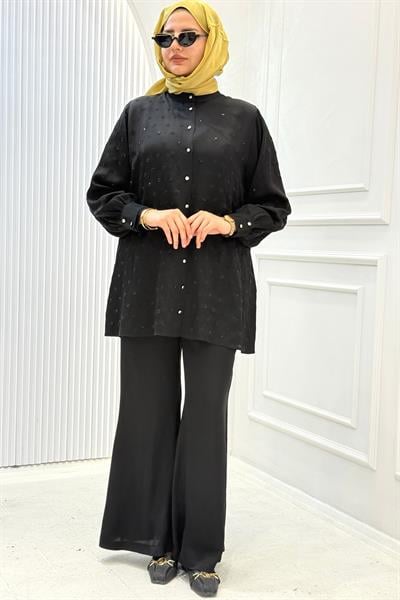 Orhan Store Taş İşlemeli Gömlek Pantolon Tesettür Takım Siyah OTW2910
