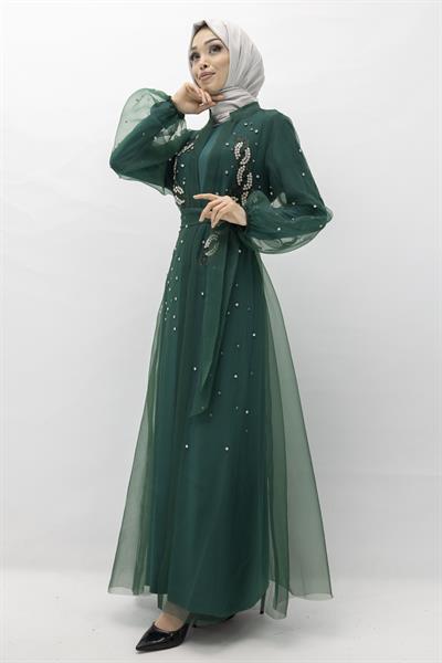 Orhan Store Taşlı Abaya Takım Zümrüt OTW2414