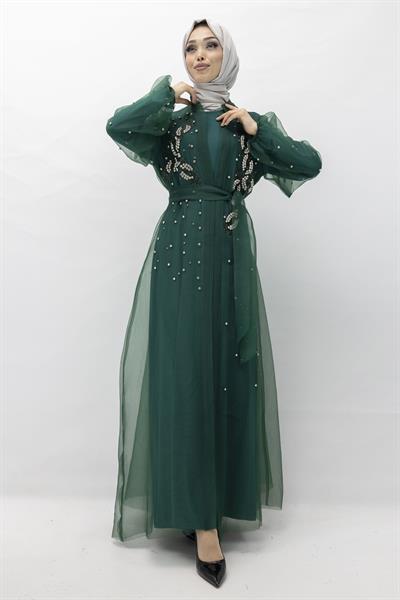 Orhan Store Taşlı Abaya Takım Zümrüt OTW2414