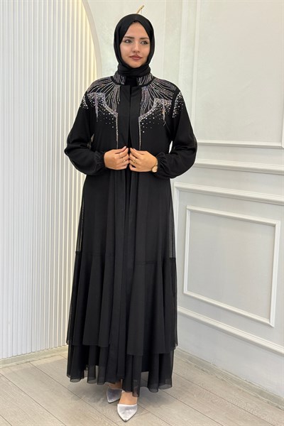 Orhan Store Taşlı Tül  Abayalı Takım Siyah OTW2074
