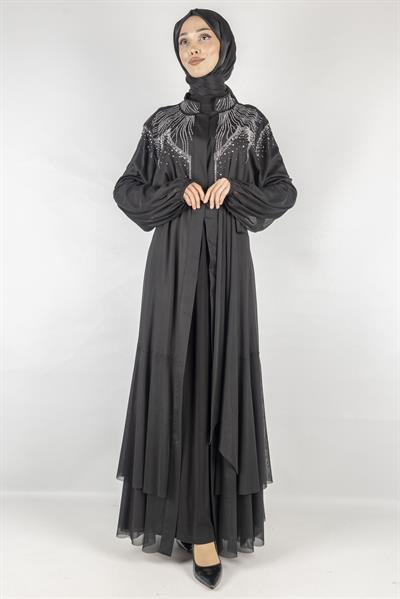 Orhan Store Taşlı Tül  Abayalı Takım Siyah OTW2074