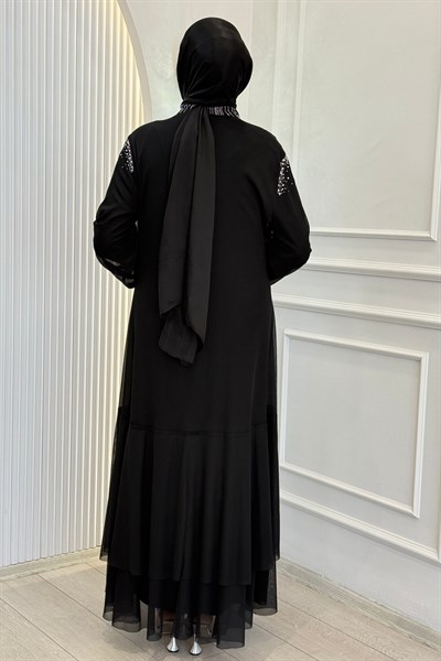 Orhan Store Taşlı Tül  Abayalı Takım Siyah OTW2074