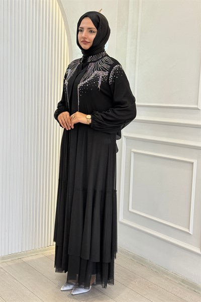 Orhan Store Taşlı Tül  Abayalı Takım Siyah OTW2074
