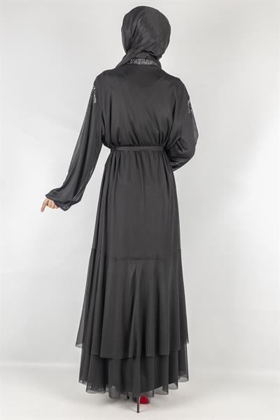 Orhan Store Taşlı Tül  Abayalı Takım Siyah OTW2074