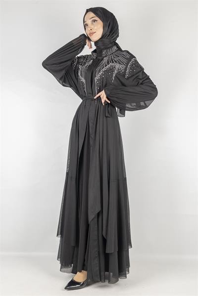 Orhan Store Taşlı Tül  Abayalı Takım Siyah OTW2074