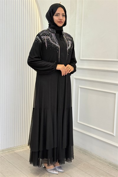 Orhan Store Taşlı Tül  Abayalı Takım Siyah OTW2074