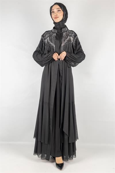 Orhan Store Taşlı Tül  Abayalı Takım Siyah OTW2074