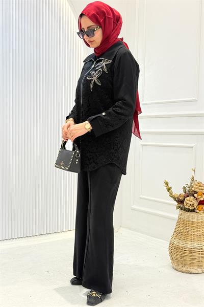 Orhan Store Tensel Kumaş Taş İşlemeli Takım Siyah OTW2755