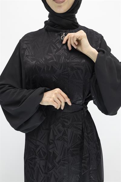 Orhan Store Tül Detaylı Qupra Ferace Siyah OTW1175