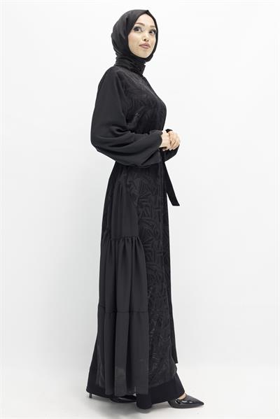 Orhan Store Tül Detaylı Qupra Ferace Siyah OTW1175