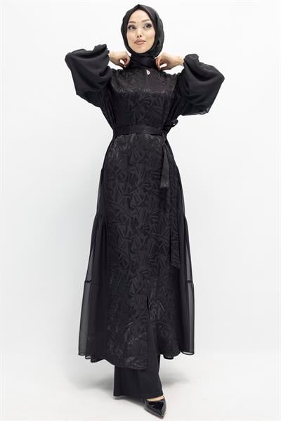 Orhan Store Tül Detaylı Qupra Ferace Siyah OTW1175