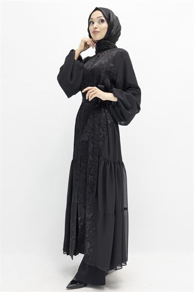 Orhan Store Tül Detaylı Qupra Ferace Siyah OTW1175