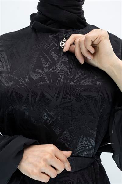 Orhan Store Tül Detaylı Qupra Ferace Siyah OTW1175