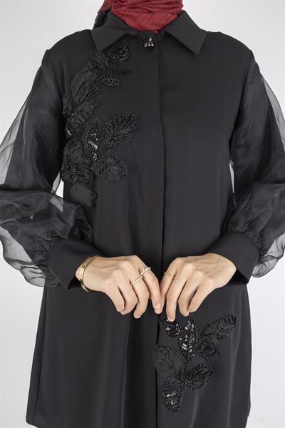 Orhan Store Tül Kollu Çiçek İşlemeli Tesettür Pantolonlu Takım Siyah OTW2561