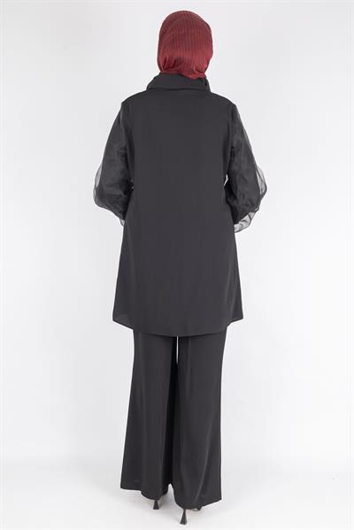 Orhan Store Tül Kollu Çiçek İşlemeli Tesettür Pantolonlu Takım Siyah OTW2561