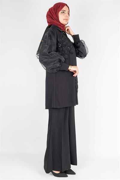 Orhan Store Tül Kollu Çiçek İşlemeli Tesettür Pantolonlu Takım Siyah OTW2561