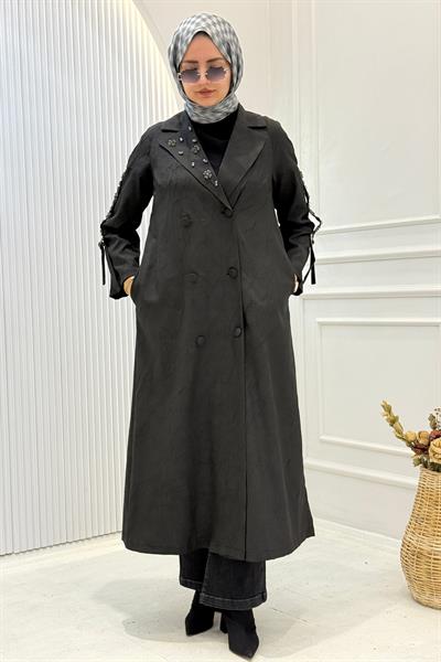 Orhan Store Yaka Taş İşlemeli Jakar Kap Siyah OTW1612