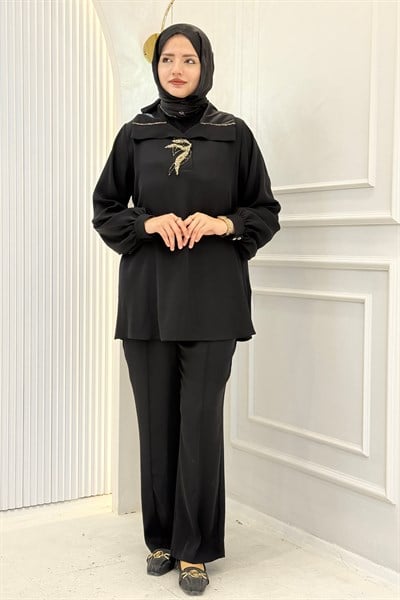 Orhan Store Yakası Taş İşlemeli Pantolonlu Takım Siyah OTW2896