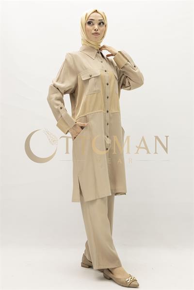 Ottoman 2li Büyük Beden Pantolonlu Takım Camel OTW25142