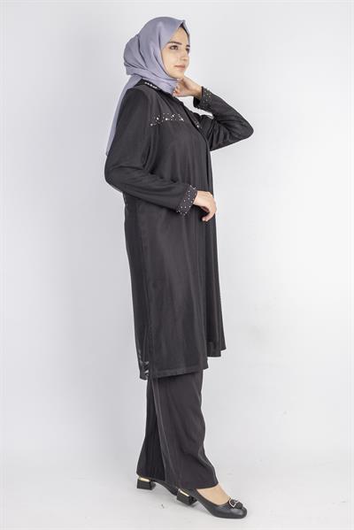 Ottoman Büyük Beden içlik ve File Kimono Takım Siyah OTW4242