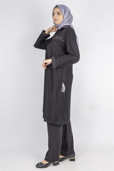 Ottoman Büyük Beden içlik ve File Kimono Takım Siyah OTW4242