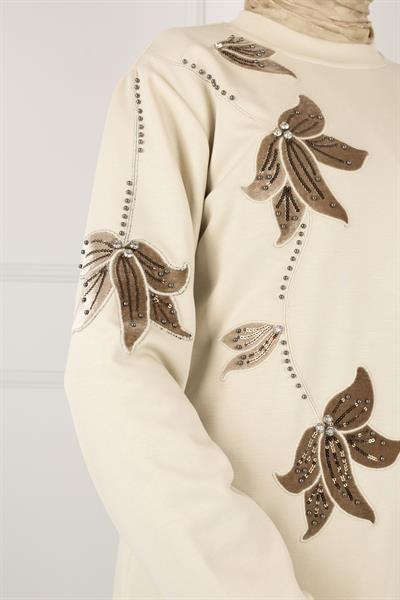 Ottoman Büyük Beden Kadife Nakışlı Tunik Taş OTW2127