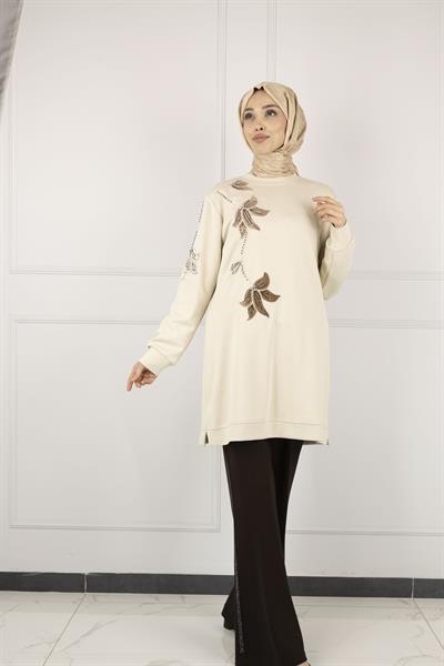 Ottoman Büyük Beden Kadife Nakışlı Tunik Taş OTW2127