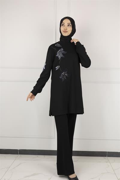 Ottoman Büyük Beden Kadife Nakışlı Tunik Siyah OTW2127