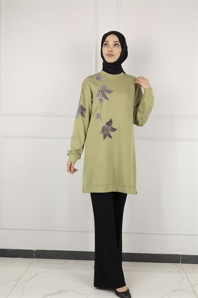 Ottoman Büyük Beden Kadife Nakışlı Tunik Yeşil OTW2127