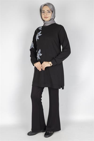 Ottoman Büyük Beden Kadife Nakışlı Tunik Siyah OTW2127