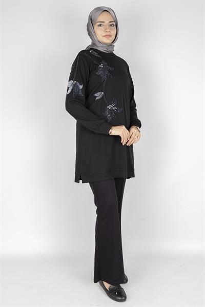Ottoman Büyük Beden Kadife Nakışlı Tunik Siyah OTW2127