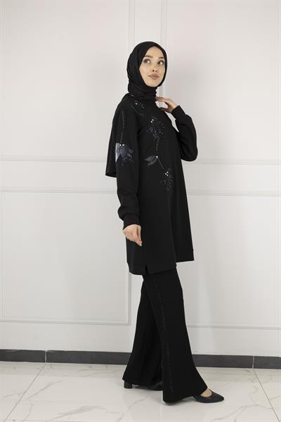 Ottoman Büyük Beden Kadife Nakışlı Tunik Siyah OTW2127