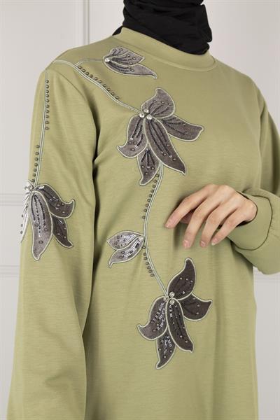 Ottoman Büyük Beden Kadife Nakışlı Tunik Yeşil OTW2127