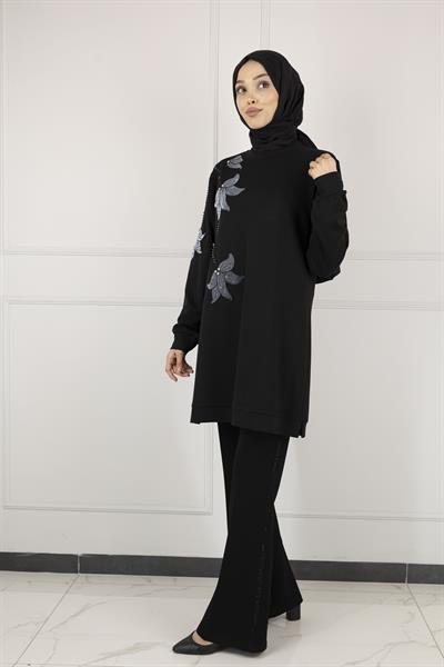Ottoman Büyük Beden Kadife Nakışlı Tunik Siyah OTW2127