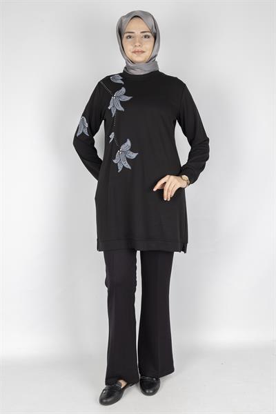 Ottoman Büyük Beden Kadife Nakışlı Tunik Siyah OTW2127