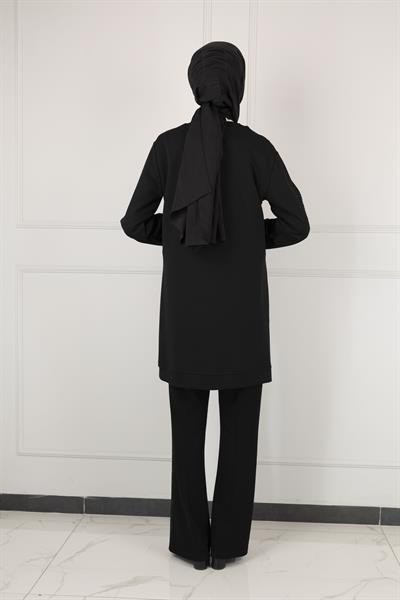 Ottoman Büyük Beden Kadife Nakışlı Tunik Siyah OTW2127