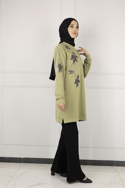 Ottoman Büyük Beden Kadife Nakışlı Tunik Yeşil OTW2127