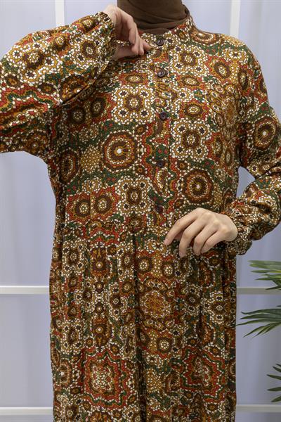 OTTOMAN BÜYÜK BEDEN KİLİM DESENLİ VİSKON ELBİSE Zümrüt OTW2093-2