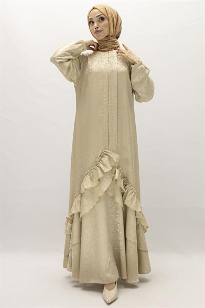 Ottoman Nazende Büyük Beden Jakar Kumaş Taşlı Volanlı Elbise Krem OTW1111