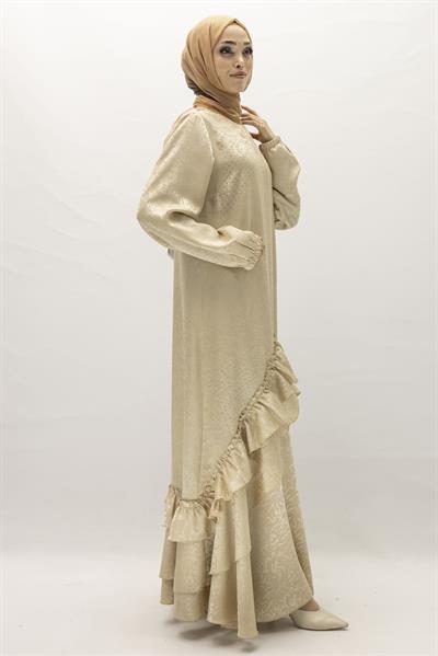 Ottoman Nazende Büyük Beden Jakar Kumaş Taşlı Volanlı Elbise Krem OTW1111