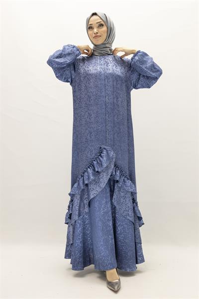 Ottoman Nazende Büyük Beden Jakar Kumaş Taşlı Volanlı Elbise Mavi OTW1111