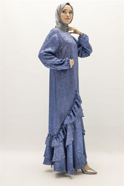 Ottoman Nazende Büyük Beden Jakar Kumaş Taşlı Volanlı Elbise Mavi OTW1111