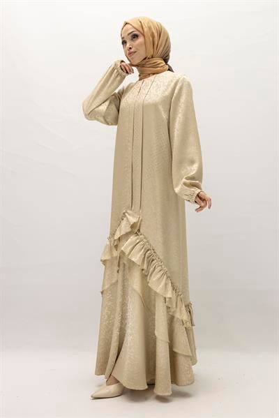 Ottoman Nazende Büyük Beden Jakar Kumaş Taşlı Volanlı Elbise Krem OTW1111