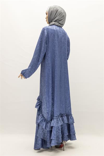 Ottoman Nazende Büyük Beden Jakar Kumaş Taşlı Volanlı Elbise Mavi OTW1111
