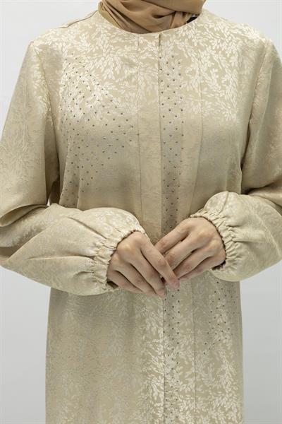 Ottoman Nazende Büyük Beden Jakar Kumaş Taşlı Volanlı Elbise Krem OTW1111